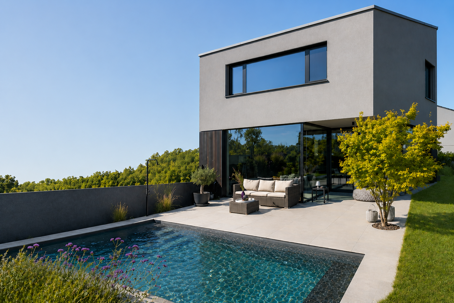 Moderner Privatgarten mit Pool und architektonischem Wohnhaus